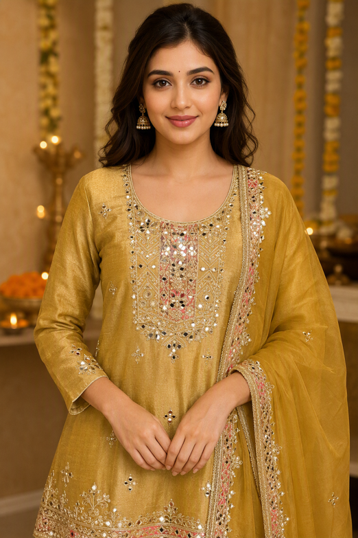 Olive Gold Embroidered Straight Kurta Set with Dupatta.