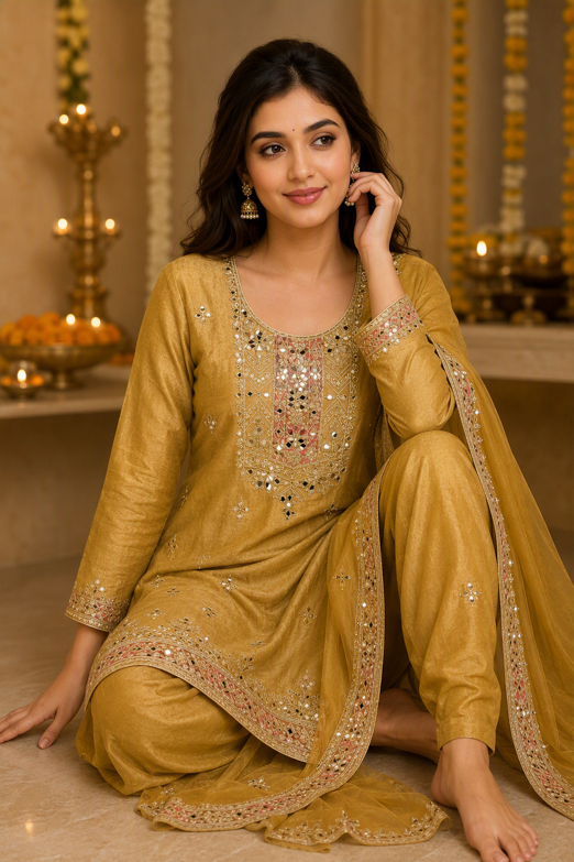 Olive Gold Embroidered Straight Kurta Set with Dupatta. - Image 3