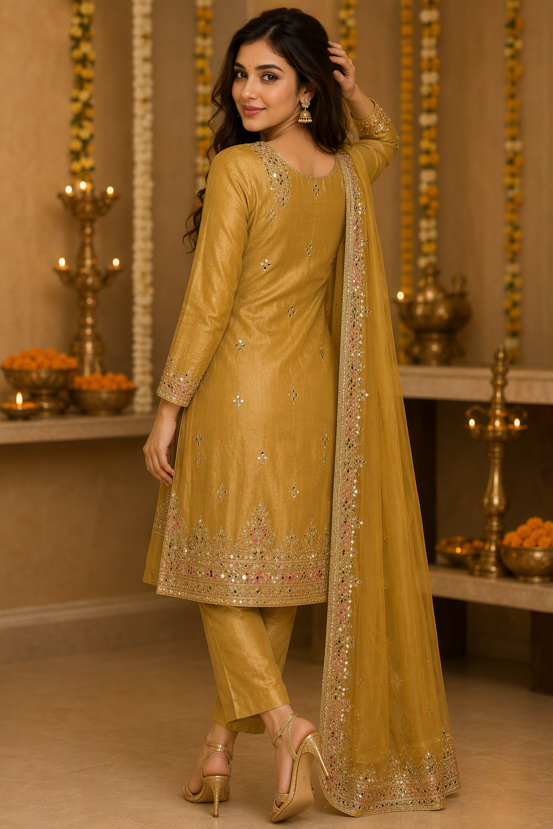 Olive Gold Embroidered Straight Kurta Set with Dupatta. - Image 4