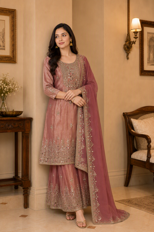 Dusty Rose Gota Work Kurta Sharara Set with Dupatta.