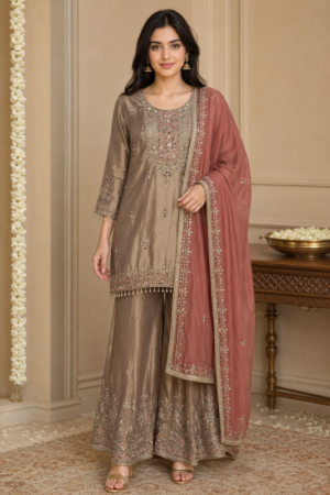 Elevate your ethnic style with this chic short top paired with a graceful Copper Gold gharara.