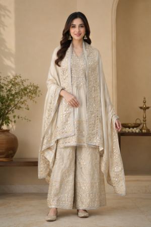 Ivory Pearl Embroidered Sharara Suit Set with Dupatta.