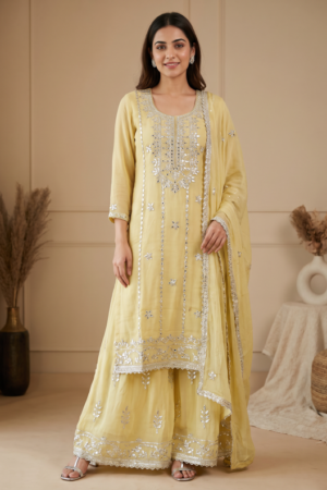Semi Stitch - Light Lemon Yellow Embroidered Kurta Gharara Set with Dupatta.