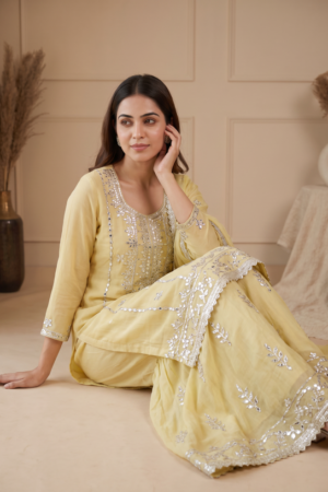 Semi Stitch - Dark Lemon Yellow Embroidered Kurta Gharara Set with Dupatta.