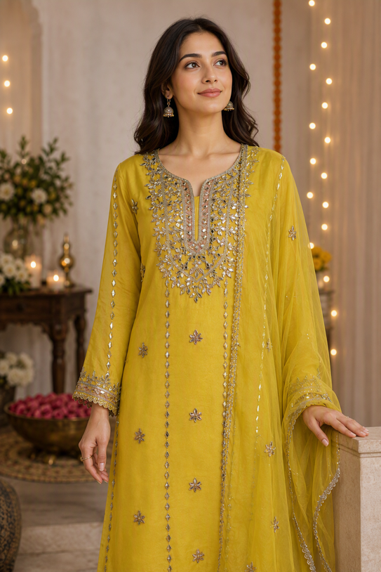 Semi Stitch-Mustard Yellow Gota Work Palazzo Suit Set with Dupatta. - Image 4