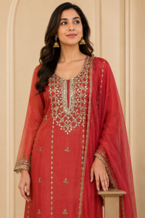 Semi Stitch-Ruby Red Gota Work Palazzo Suit Set with Dupatta.