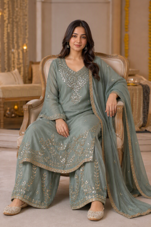 Semi-Stitch Sage Grey Floral Gota Work Palazzo Suit Set