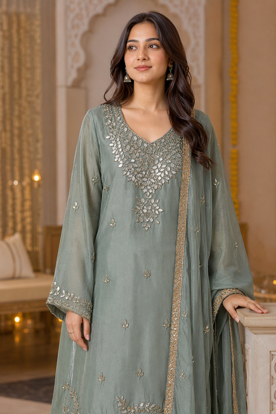 Semi-Stitch Sage Grey Floral Gota Work Palazzo Suit Set - Image 2