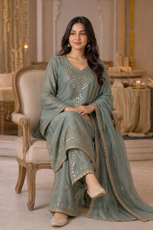 Semi-Stitch Sage Grey Floral Gota Work Palazzo Suit Set - Image 4