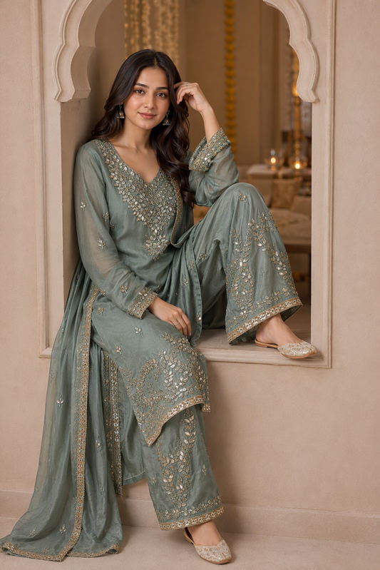 Semi-Stitch Sage Grey Floral Gota Work Palazzo Suit Set - Image 5