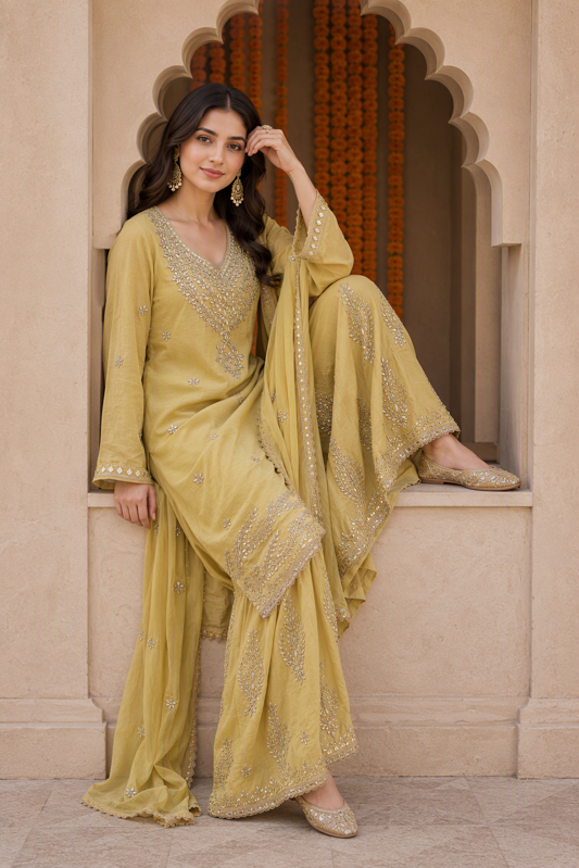 Semi Stitch-Golden Beige Gota Work Plazzo Suit Set with Dupatta. - Image 2