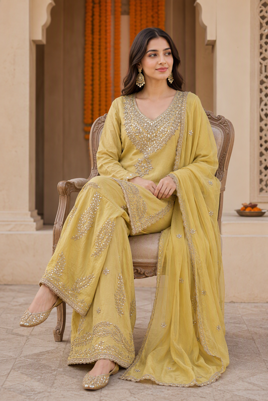 Semi Stitch-Golden Beige Gota Work Plazzo Suit Set with Dupatta. - Image 4