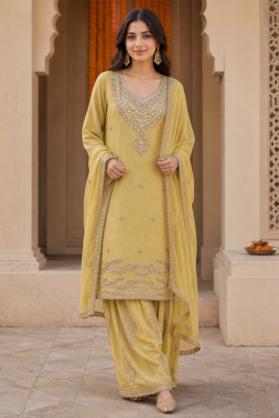Semi Stitch-Golden Beige Gota Work Plazzo Suit Set with Dupatta. - Image 5