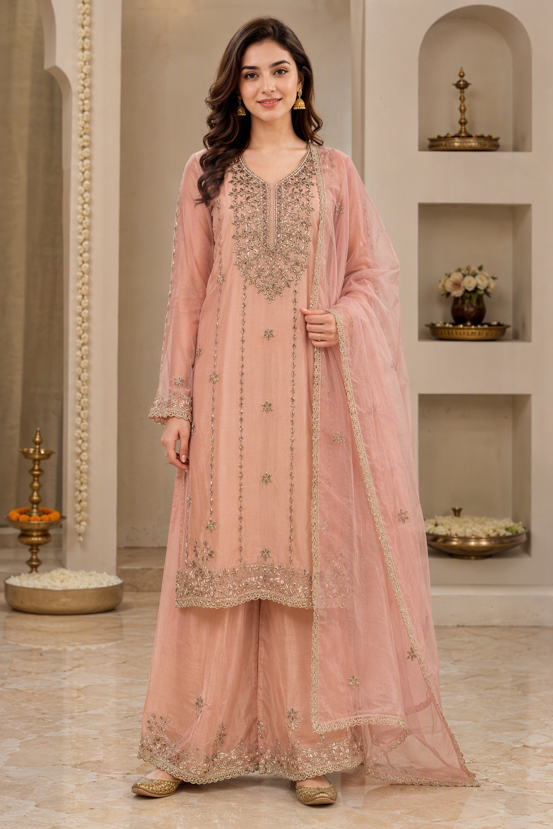 Blush Pink Gota Work Palazzo Suit Set with Dupatta.