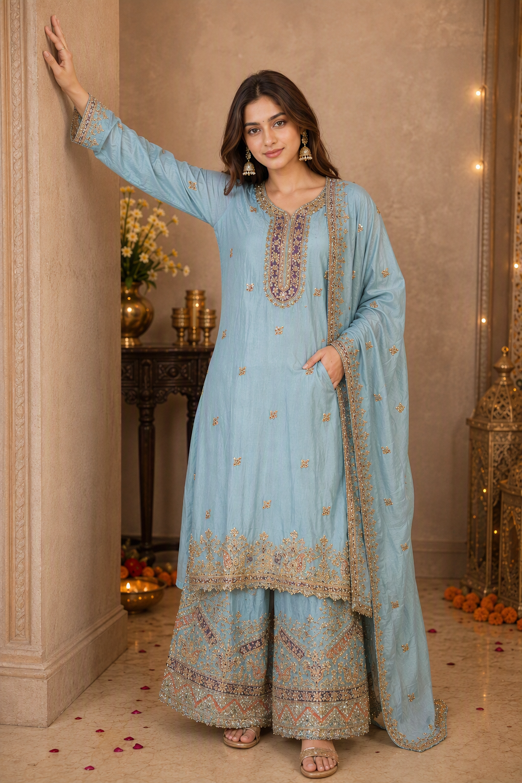 Powder Blue Gota Work Gharara Suit Set with Dupatta. - Image 3