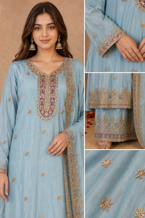Powder Blue Gota Work Gharara Suit Set with Dupatta. - Image 4