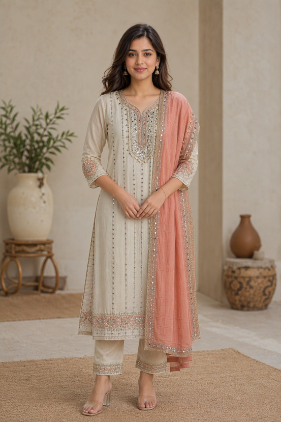 Ivory & Peach Gota Work Anarkali Suit Set with Dupatta. - Image 2