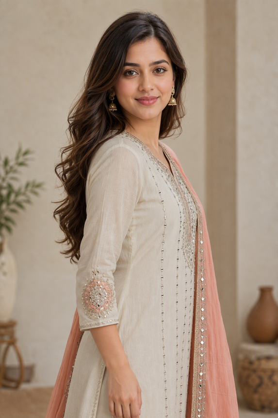 Ivory & Peach Gota Work Anarkali Suit Set with Dupatta. - Image 3