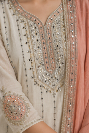Ivory & Peach Gota Work Anarkali Suit Set with Dupatta.