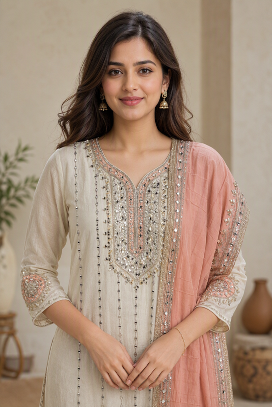Ivory & Peach Gota Work Anarkali Suit Set with Dupatta. - Image 4