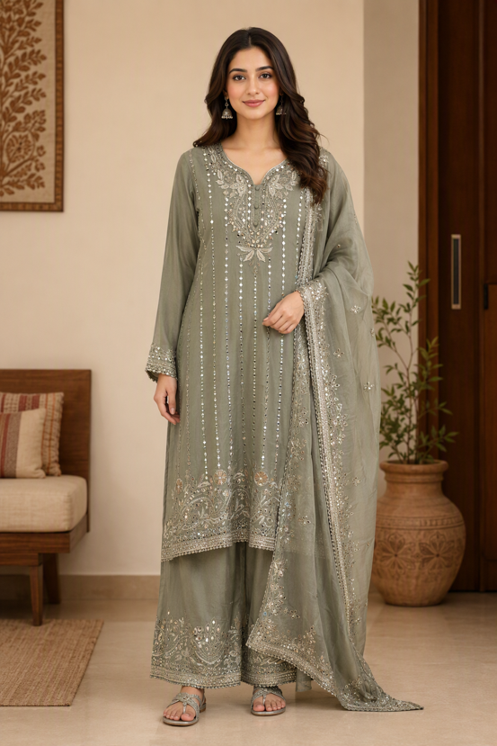Sage Grey Gota Work Palazzo Suit Set with Dupatta. - Image 2