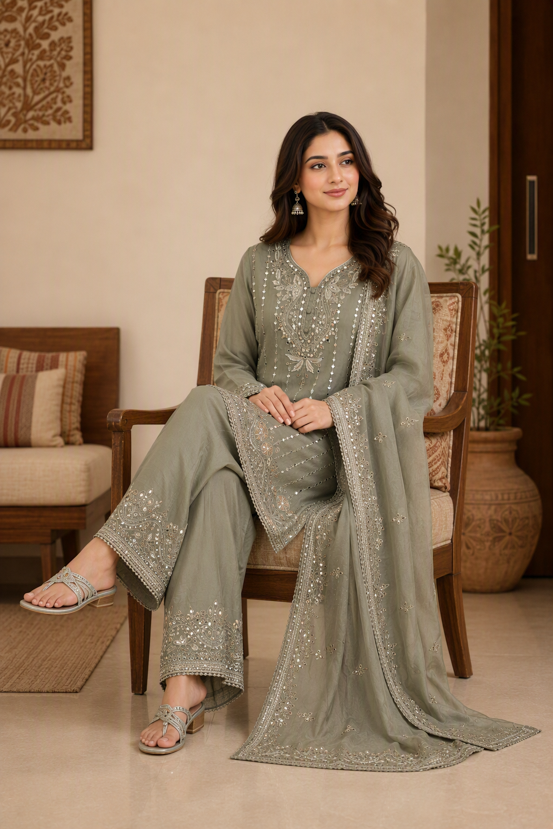 Sage Grey Gota Work Palazzo Suit Set with Dupatta.