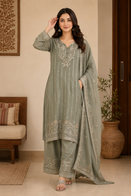 Sage Grey Gota Work Palazzo Suit Set with Dupatta. - Image 3