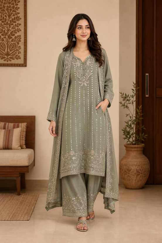 Sage Grey Gota Work Palazzo Suit Set with Dupatta. - Image 4