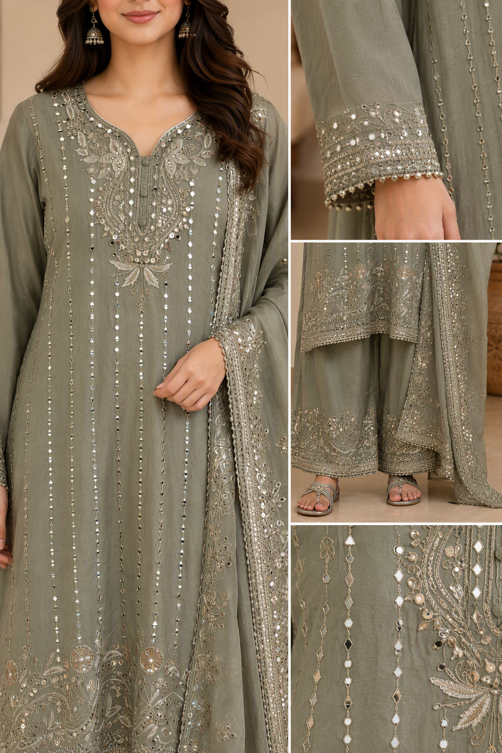 Sage Grey Gota Work Palazzo Suit Set with Dupatta. - Image 5