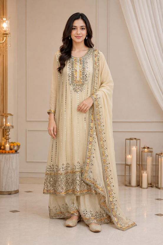 Ivory Gold Gota Work Sharara Suit Set with Dupatta