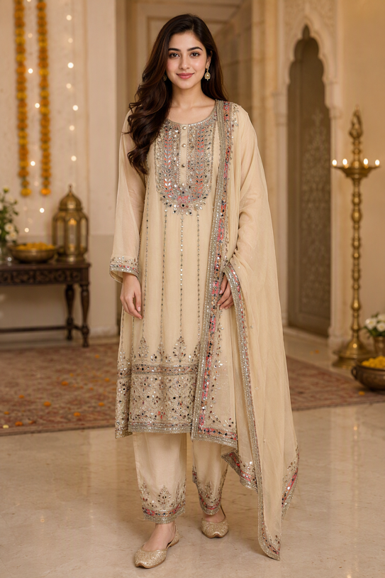 Beige Gota Work Straight Suit Set with Dupatta.