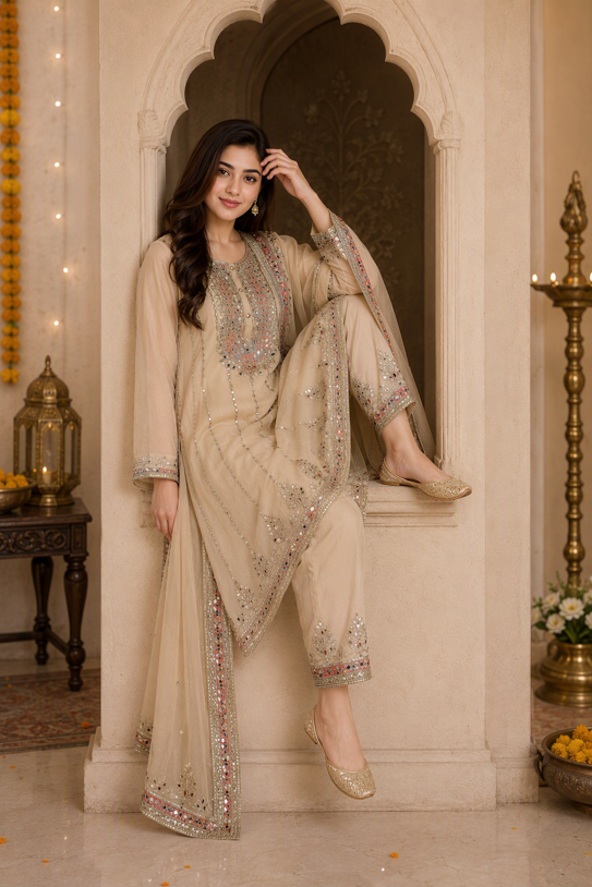 Beige Gota Work Straight Suit Set with Dupatta. - Image 2