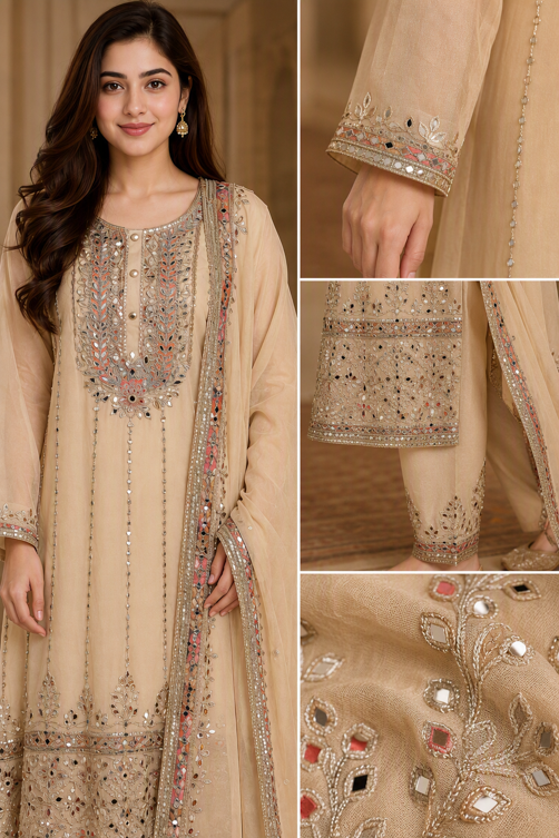 Beige Gota Work Straight Suit Set with Dupatta. - Image 3