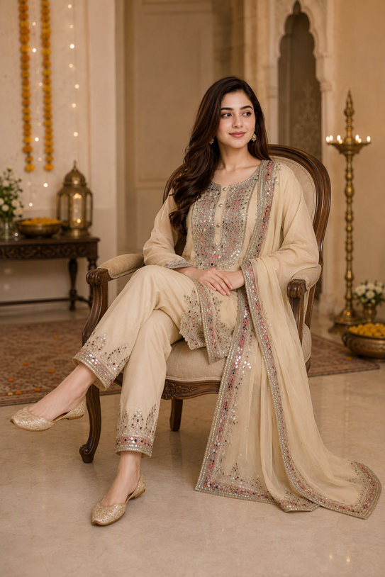 Beige Gota Work Straight Suit Set with Dupatta. - Image 4
