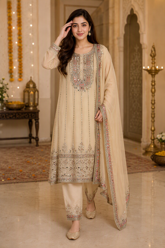 Beige Gota Work Straight Suit Set with Dupatta. - Image 5