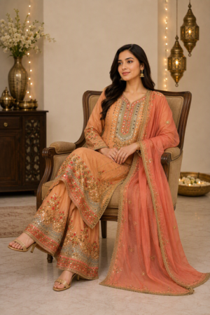 Peach Blossom Gota Work Palazzo Suit Set.