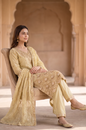 Champagne Gold Gota Work Suit Set with Dupatta.