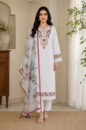 Elegant Floral Embroidered White 3-Piece Pakistani Suit Set