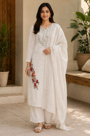 Ivory Floral Embroidered and Mirror Work Kurta Set with Dupatta