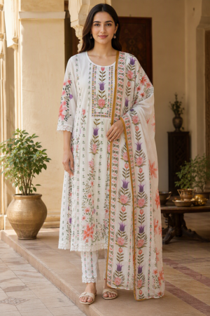 Ivory Floral Printed Kurta Set with Coordinated Dupatta