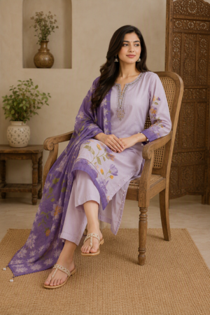 Lavender Floral Printed Kurta Set with Purple Dupatta
