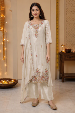 Ivory Embroidered Straight Kurta Set with Dupatta