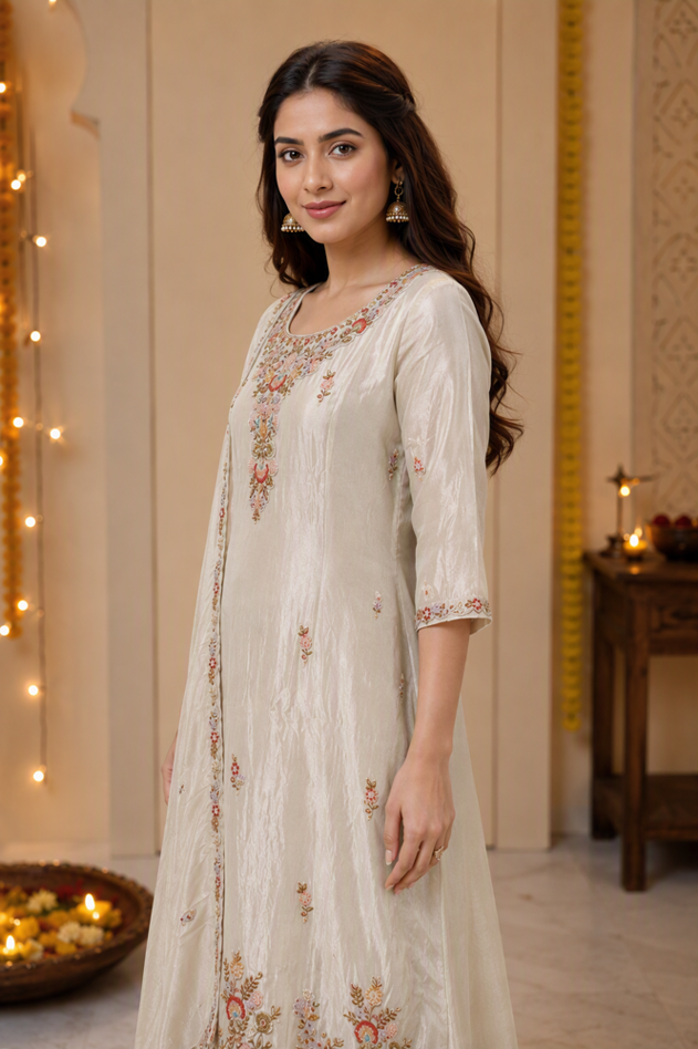 Ivory Embroidered Straight Kurta Set with Dupatta - Image 2