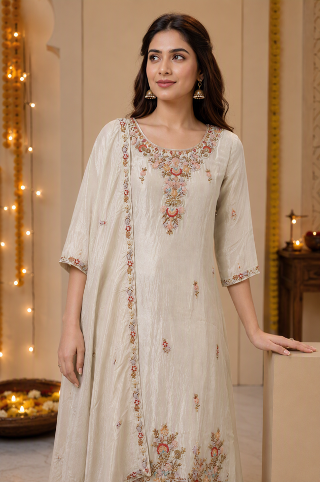Ivory Embroidered Straight Kurta Set with Dupatta - Image 3