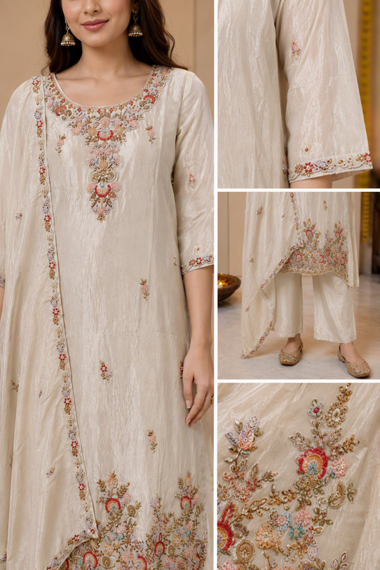 Ivory Embroidered Straight Kurta Set with Dupatta - Image 4