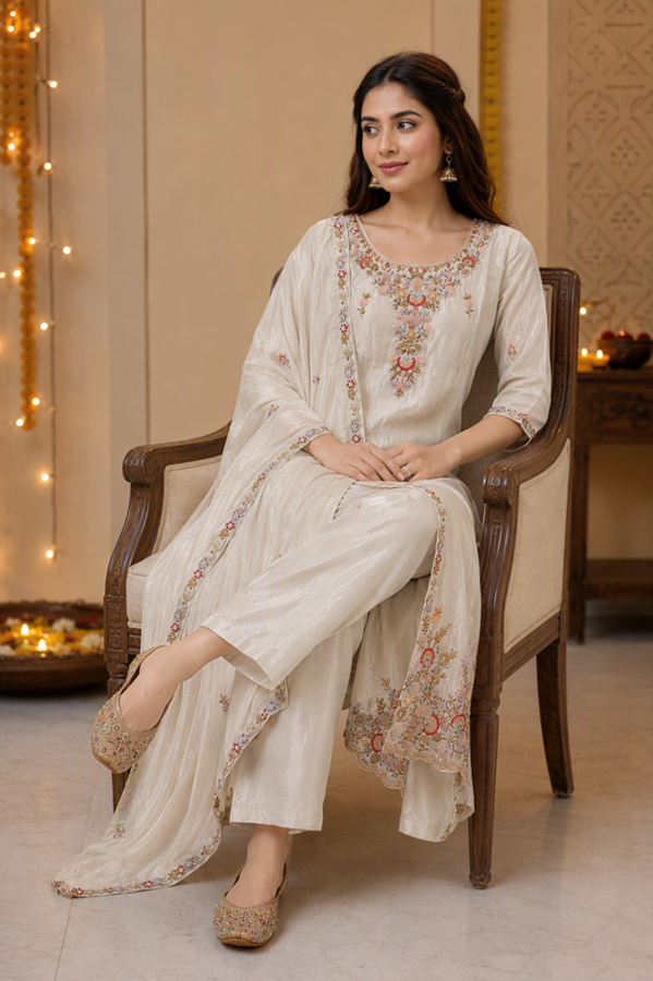 Ivory Embroidered Straight Kurta Set with Dupatta - Image 5