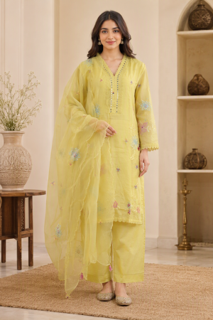 Lemon Yellow Floral Embroidered Straight Kurta Set with Dupatta.
