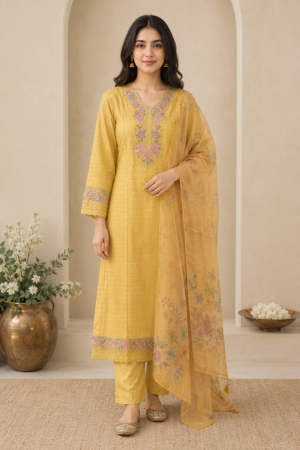 Mustard Yellow Floral Embroidered Kurta Set with Organza Dupatta