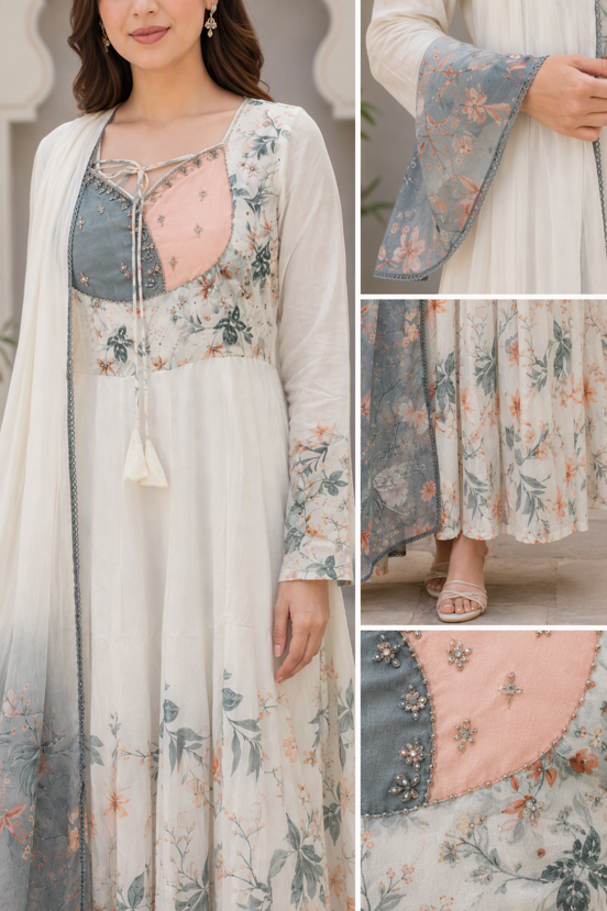 Ivory & Blue Floral Printed Anarkali Suit Set with Dupatta - Image 4