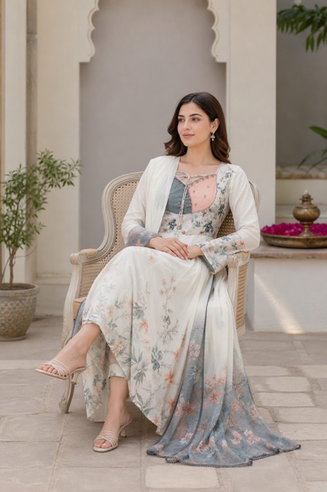 Ivory & Blue Floral Printed Anarkali Suit Set with Dupatta - Image 5